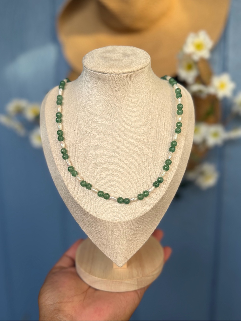 ARTISAN Green Aventurine Beaded Necklace with Genuine Pearl Accents
